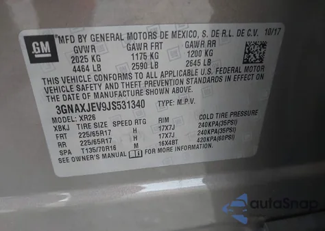 2018 Chevrolet Equinox Lt from USA, damaged, VIN 3GNAXJEV9JS531340